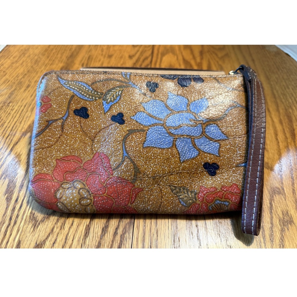 Patricia Nash 2010 Floral Italian Leather Wristlet Zip Pouch Brown Suede Lined